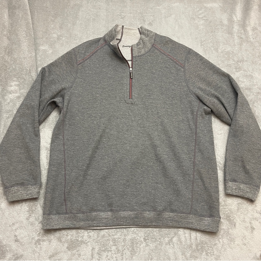 Tommy Bahama 1/4 Zip Pullover Gray Heather Mens Sweater Size XXL Reversible